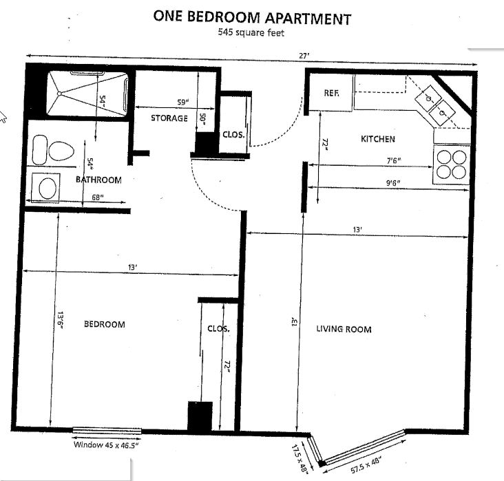 Floor plan for 1 bed, 1 bath, 545 sqft